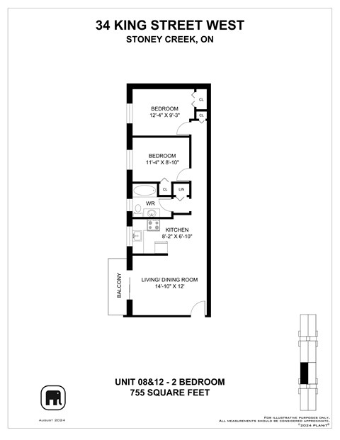 A floor plan for a 2 bedroom apartment at 34 King Street West.
